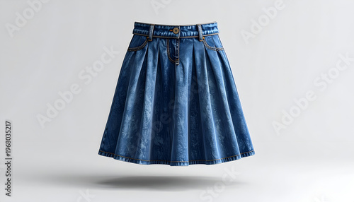 A denim skirt with pleats, pockets, and stitching, floating against a gray backdrop