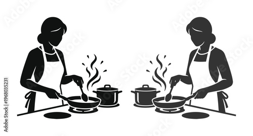 Minimalist silhouette of female chef cooking in kitchen, woman wearing apron preparing food with frying pan and pot, culinary professional vector illustration