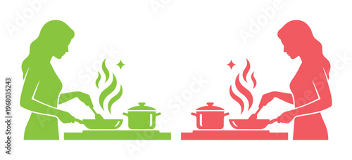 Minimalist woman cooking silhouette vector, female chef preparing food with frying pan and pot, green and red kitchen icons for culinary branding