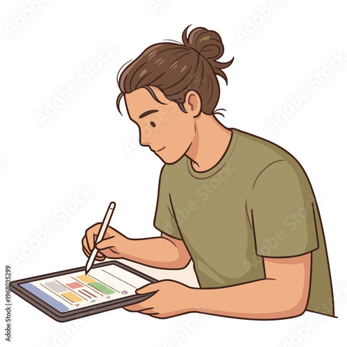 A man with brown hair and green shirt uses a stylus on a tablet.