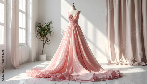 A flowing, pink formal dress on a mannequin in a sunlit room. Curtains and window