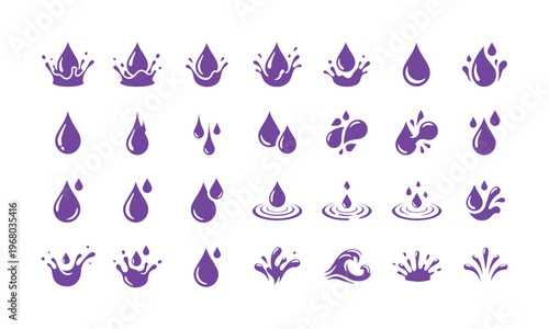 Purple water drop icons set, liquid splash and droplet vector collection, 28 stylized fluid symbols for skincare and cosmetic branding