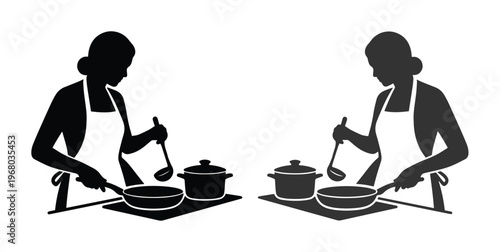 Professional woman chef silhouette vector, female cook preparing food with frying pan and ladle, kitchen culinary worker icon set
