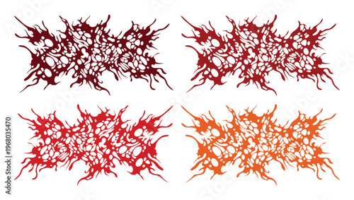 Slam death metal logo set, brutal deathcore typography elements in red and orange, 4 aggressive heavy metal vector graphics for band merchandise