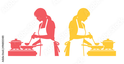 Minimalist female chef silhouette vector, woman cooking with pots and pans on stove, pink and yellow kitchen culinary icons on white background