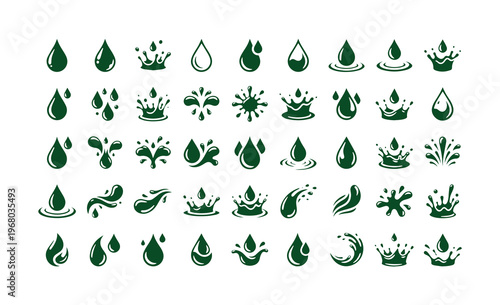 Green water drop icons and splash symbols set, liquid droplet vector collection, nature and environment graphic elements for eco-friendly branding