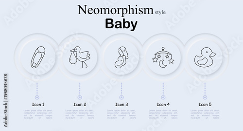 Baby care set icon. Safety pin, stork delivery bird, pregnant mother silhouette, nursery mobile stars moon, rubber duck toy, newborn parenting, childcare routine, infant development