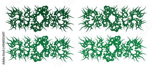 Death metal font style green abstract shapes, dark underground subculture graphic elements, set of 4 aggressive organic vector textures for streetwear
