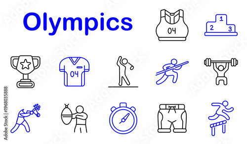 Olympics sport set icon. Line style icons display trophy cup, sport shirt, athlete throw, javelin action, weightlifting, tennis swing, boxing punch, stopwatch timer, sport