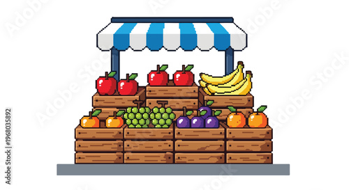 A vibrant pixel art illustration of a fruit stand displaying wooden crates filled with apples, bananas, grapes, and citrus under a striped awning.