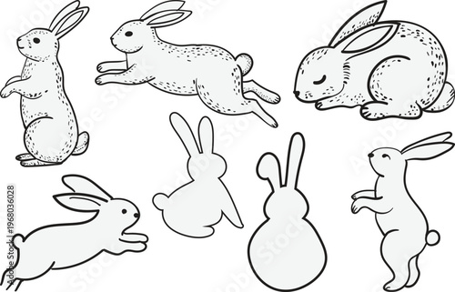 Set of cute easter bunnies in different poses, handdrawn vector illustration