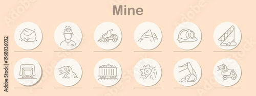 Mine set icon. Line symbols depict coal rock, miner helmet, dump truck, mountain terrain, safety helmet, conveyor belt, tunnel entrance, drilling machine, rail wagon, gear mechanism