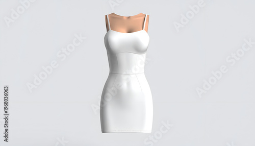 White, body-hugging, spaghetti-strap dress, possibly digital rendering, against a grey background