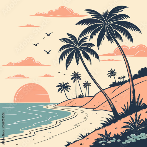 Tropical beach sunset with a vibrant illustration