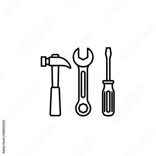 Set of Hand Tools Including Hammer Wrench and Screwdriver for Home Repair