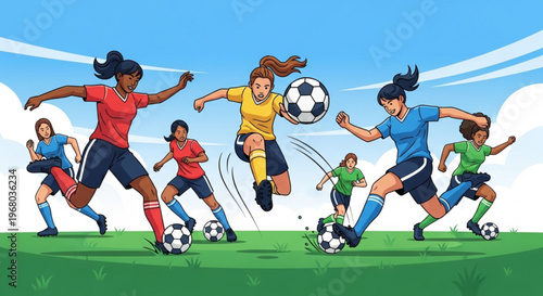 Diverse women playing soccer on green field with blue sky background kicking balls in action