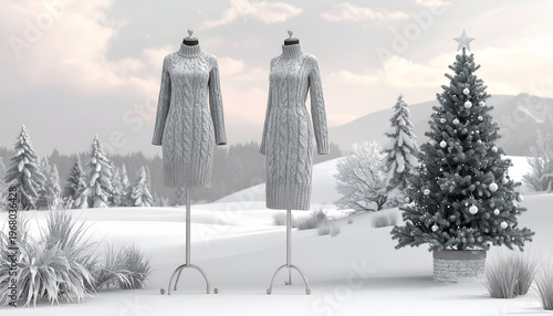 Two cable-knit dresses on stands beside a decorated tree in a snowy winter landscape