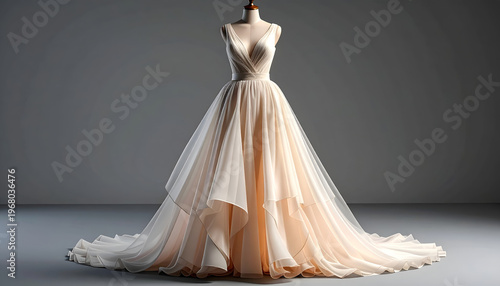 Elegant wedding gown, draped fabric, displayed on a mannequin, soft light, gray backdrop