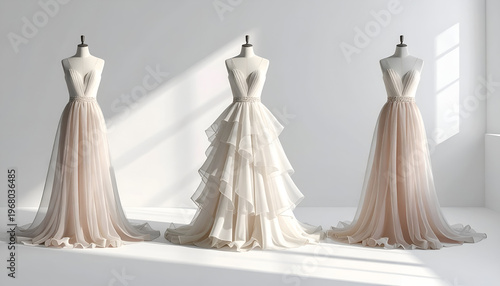 Three elegant wedding gowns displayed on dress forms, bathed in soft, natural light