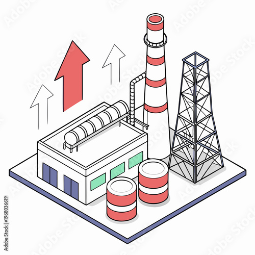 An isometric illustration depicts an industrial complex with smokestacks storage tanks and connecting pipelines showcasing a factory setup high quality