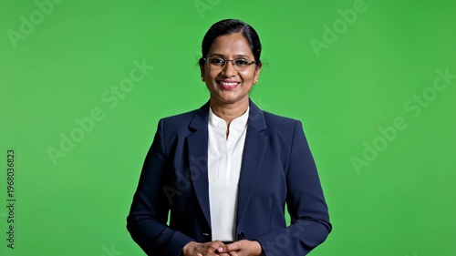 Confident professional woman in business attire smiling against green screen