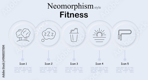 Fitness lifestyle set icon. Trees park, sleep rest, protein shaker, sunrise routine, jump rope workout, wellness, healthy habit, training, energy, recovery, outdoor activity, morning exercise