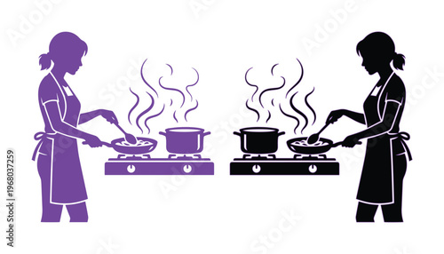 Minimalist woman cooking silhouette vector, female chef preparing food on stove, purple and black kitchen icons for culinary branding