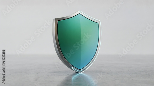 Metallic shield icon on a gray concrete surface.