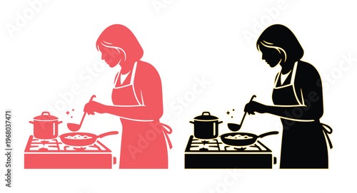 Minimalist woman cooking silhouette vector, female chef in apron preparing food on stove, pink and black kitchen icons for culinary branding