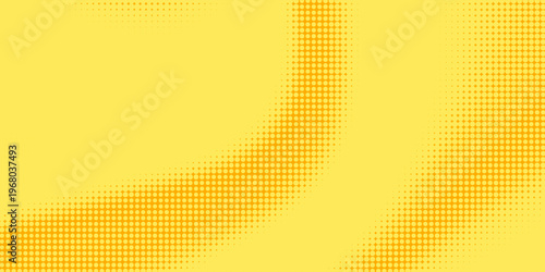 Yellow halftone pattern. Retro comic gradient background. Bright orange pixelated dotted texture overlay. Cartoon pop art faded gradient pattern. Vector backdrop for poster, banner, advertisement