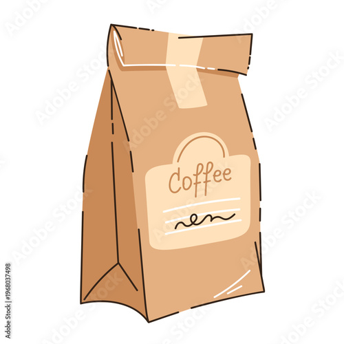 Cartoon hand-drawn style illustration of a brown kraft coffee bag with selective outline detailing. Modern flat vector design with organic shapes and subtle contour accents. Ideal for coffee branding,