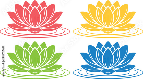 Colorful lotus flower vector set, vibrant water lily blossoms, serene floral design elements, spiritual and wellness graphic resources for branding and decoration.