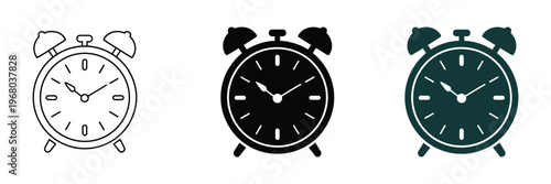 Retro alarm clock icon vector set, time management symbols, wake up call and deadline reminder concept, vintage clock design, scheduling and punctuality icons, modern flat vector elements for apps, pl