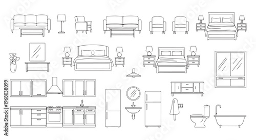 Front View Interior Blueprint – Living Room, Bedroom & Kitchen CAD Illustration