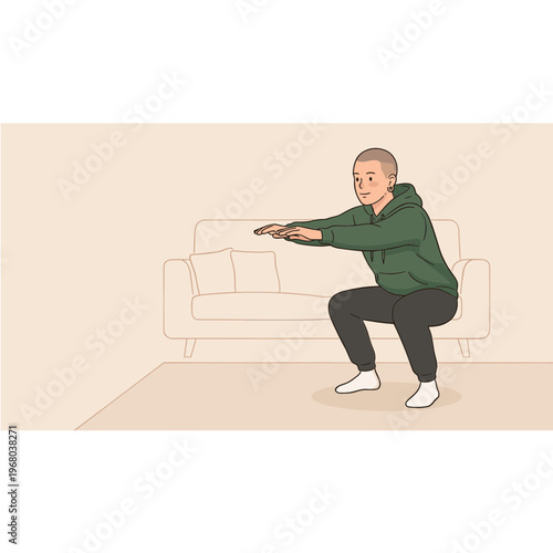 A man wearing a green hoodie performs squats in a living room
