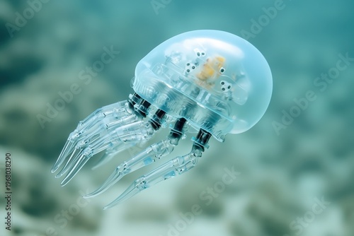 A transparent robotic jellyfish with mechanical tentacles floats underwater, showcasing futuristic marine technology.