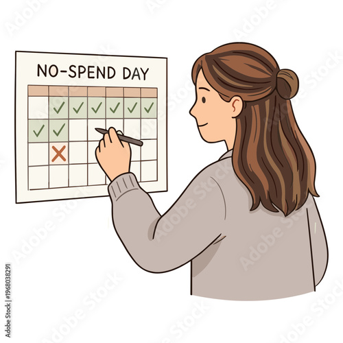 A woman marks a calendar with a pen on a no-spend day chart