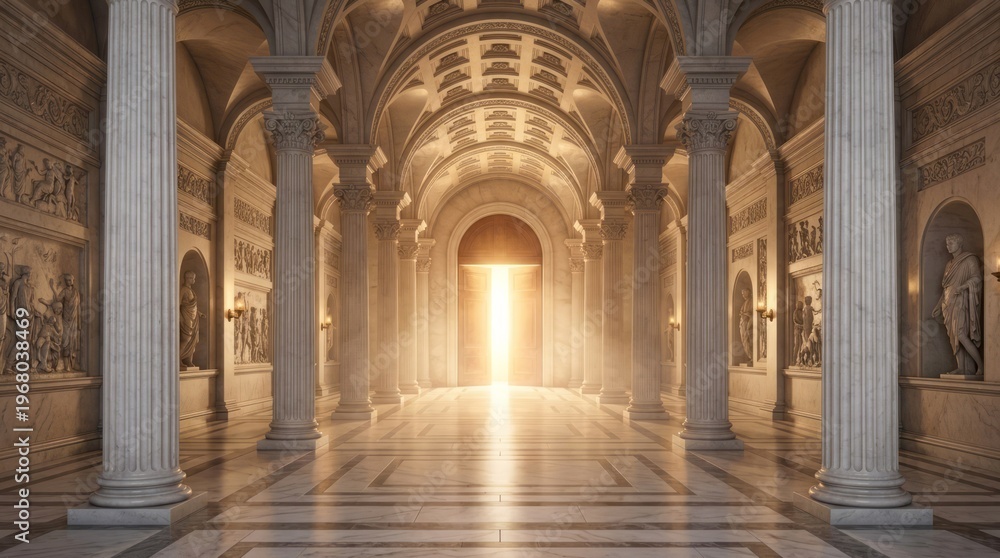 Obraz premium Majestic Hallway with Illuminated Entrance Architecture Interior Hallway Columns Light Entrance Marble. Concept featuring architecture, interior, hallway, columns, light for professional commercial...