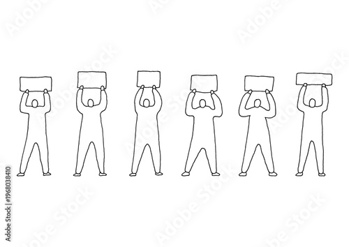 何も書かれていないまっさらなボードを掲げて立っている人物の手描きイラストセット（線画）
