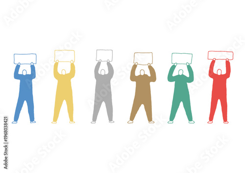 何も書かれていないまっさらなボードを掲げて立っている人物のカラフルな手描きイラストセット