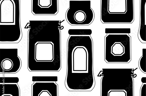 Vector seamless pattern with black silhouette of jars on white background. Monochrome texture with bottles and flasks