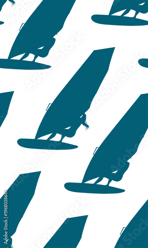 Vector seamless pattern with silhouette of windsurfing. Texture with shadow of women surfing on white background.