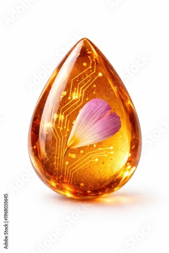 teardrop piece polished amber encased is intricate gold circuit pattern real miniature wildflower petal