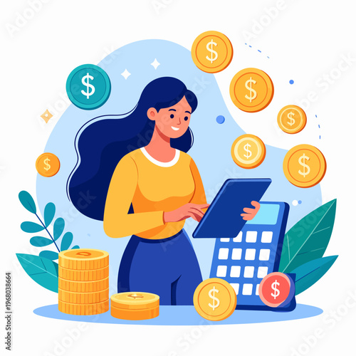 A woman managing her finances on a tablet, surrounded by coins, stacks of money, and a calculator, illustrating financial management and wealth accumulation