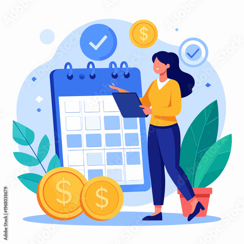 Woman manages financial planning and task scheduling, marking deadlines and tracking monetary goals on a calendar. Business efficiency, productivity, and successful organization illustration