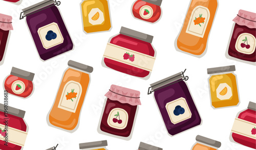 Vector seamless pattern with berry jams on white background. Texture with bottles with sweet syrup in flat cartoon style