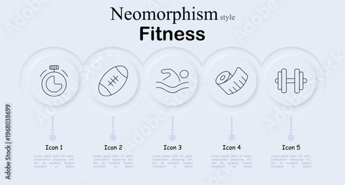 Fitness sport set icon. Stopwatch timer, rugby ball, swimming athlete, yoga mat, dumbbell weightlifting, workout equipment, training session, strength exercise, endurance activity