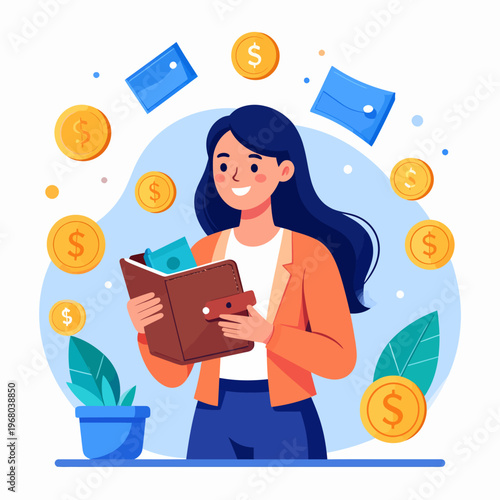 A cheerful young woman actively managing her personal finances with a wallet full of cash, surrounded by floating coins and banknotes, symbolizing successful budgeting and wealth growth