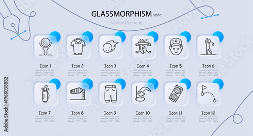 Golf equipment set icon. Ball tee start, polo shirt uniform, flying golf ball, golf club emblem, golfer portrait, golf bag clubs, wind sock flag, swing player shot, sport shorts clothing