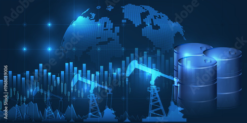 Photography Vector illustration of brent crude oil market with financial growth charts,oil pump unit and tank for global economic artwork and backgrounds
